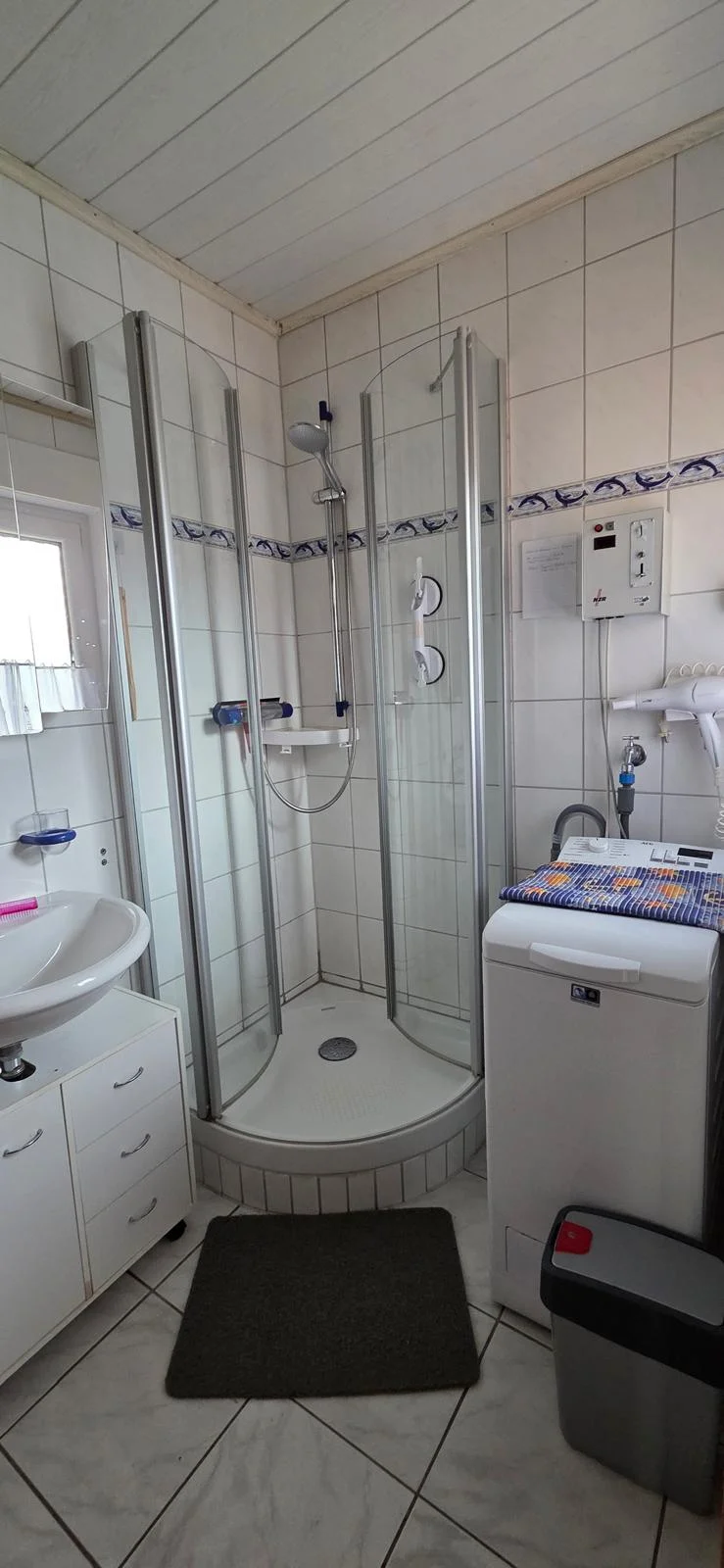 Badezimmer mit Dusche und Waschmaschine